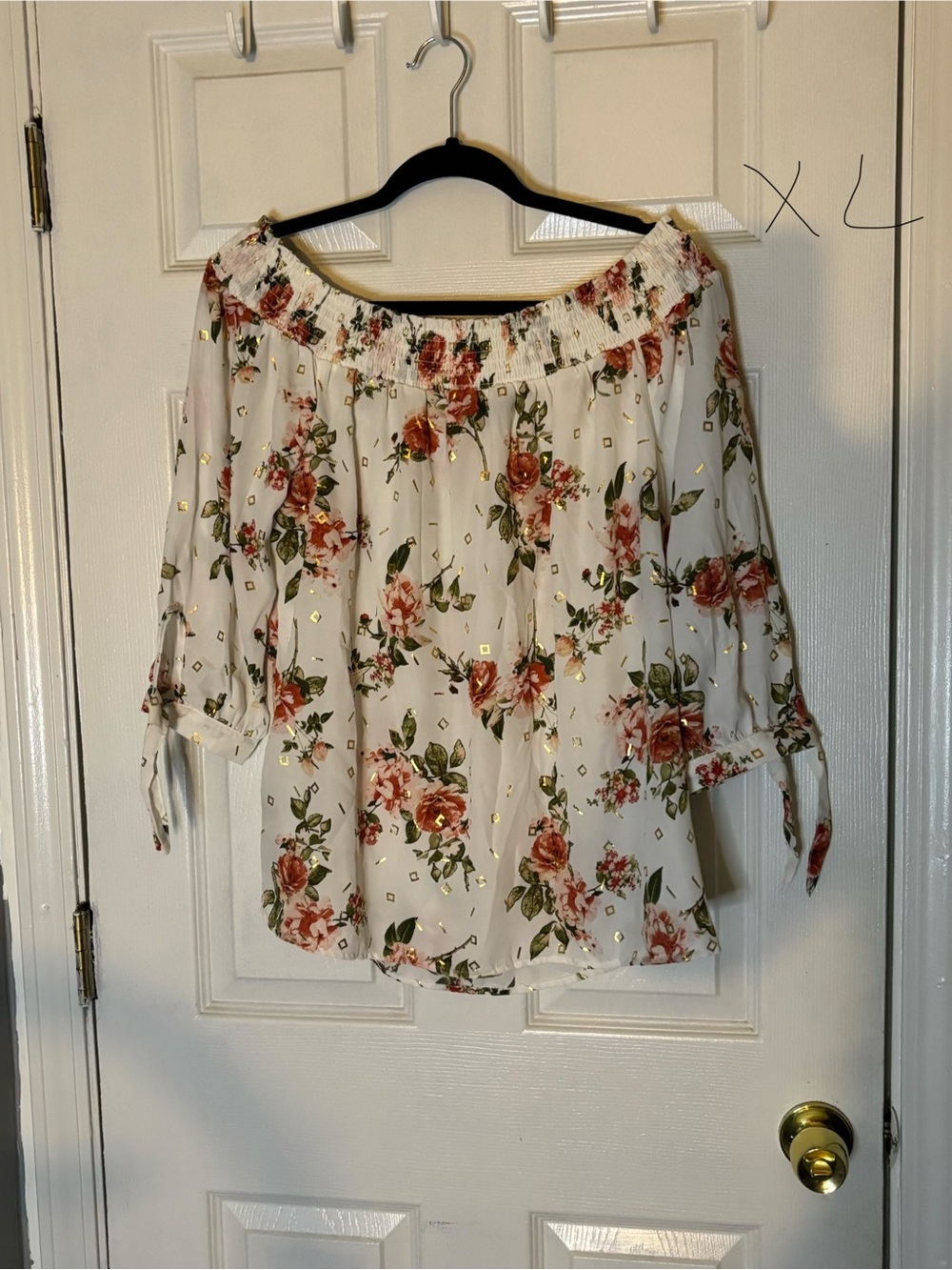 Women’s Off-Shoulder Floral Blouse in White with Rose Print